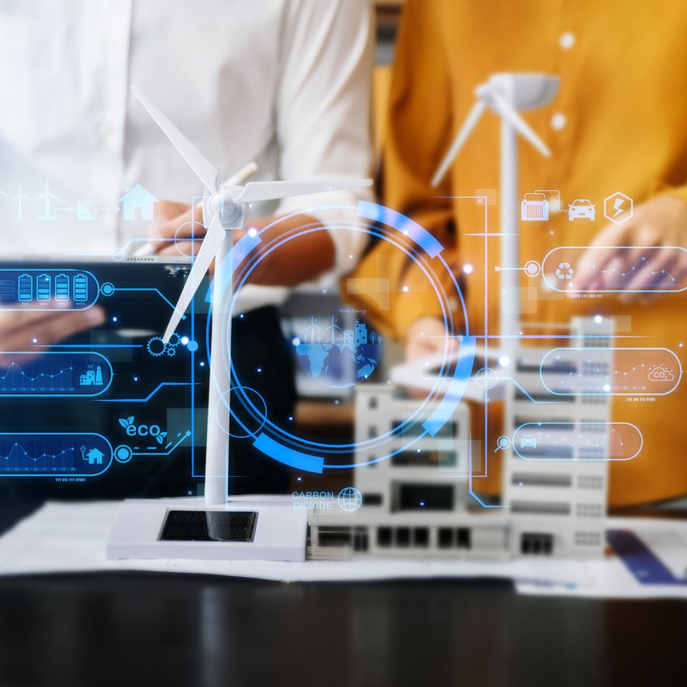 Energy management experts analyzing energy usage data to optimize a New York facility's performance